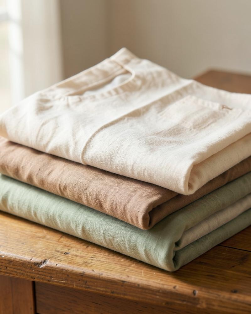 Folded natural garments in cream, brown and sage tones
